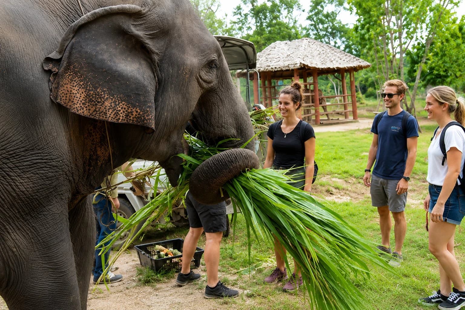 Visitor feeding an elephant at Elephants World, Kanchanaburi